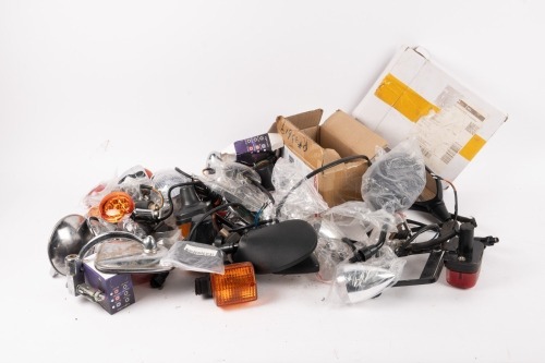 MIRRORS / TURN SIGNALS: A box of assorted mirrors and turn signal lights