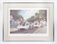 SAUBER SILVER ARROWS MERCEDES: A limited edition, framed, signed print of the "Silver Arrows" commemorating the Sauber Mercedes team victory of the 1989 Le Mans 24 hour, signed by race winning driver Jochen Mass and artist Alan Fearnley