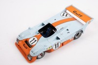 GULF MIRAGE GR8: A 1:18 scale Gulf Mirage GR8 model, the number #11 race car as raced to victory in the 1975 Le Mans 24 hour, the Gulf Research racing entered car with the driver combination of Ickx - Bell