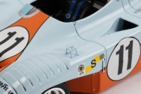 GULF MIRAGE GR8: A 1:18 scale Gulf Mirage GR8 model, the number #11 race car as raced to victory in the 1975 Le Mans 24 hour, the Gulf Research racing entered car with the driver combination of Ickx - Bell - 2