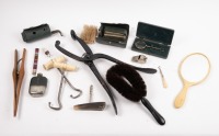 ACCOUTREMENT: : Antique accoutrement including grooming items, monocle by Gardiner & Co (Glasgow), cased ear trumpet and other sorted plated wares & general items [Location: Melbourne]