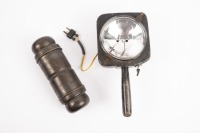 LUCAS: A Lucas No.170 spare light bulbs canister, thought to be associated with English pre-war cars, also including an early hand held work shop light with Koito sealed beam lens [Location: Melbourne]