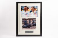 INDY 500: Two photographs featuring Peter Revson and Jack Brabham at the 1969 Indianapolis 500 in the BT25 Repco, bottom photo hand signed by Brabham & Taurananac, frame 61cm high, 45cm wide