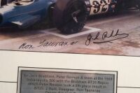 INDY 500: Two photographs featuring Peter Revson and Jack Brabham at the 1969 Indianapolis 500 in the BT25 Repco, bottom photo hand signed by Brabham & Taurananac, frame 61cm high, 45cm wide - 3