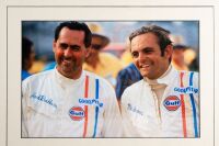 INDY 500: Two photographs featuring Peter Revson and Jack Brabham at the 1969 Indianapolis 500 in the BT25 Repco, bottom photo hand signed by Brabham & Taurananac, frame 61cm high, 45cm wide - 4