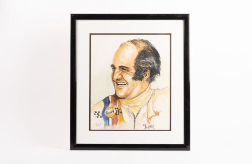 HULME: An original ink and watercolour by Flatt of a jovial Denny Hulme in CAN-AM Gulf livery race suit, mounted, framed and glazed, image 34cm high, 28cm wide