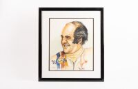 HULME: An original ink and watercolour by Flatt of a jovial Denny Hulme in CAN-AM Gulf livery race suit, mounted, framed and glazed, image 34cm high, 28cm wide
