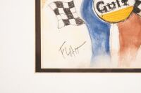 HULME: An original ink and watercolour by Flatt of a jovial Denny Hulme in CAN-AM Gulf livery race suit, mounted, framed and glazed, image 34cm high, 28cm wide - 2