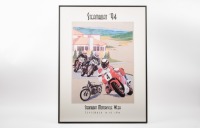 A framed and glazed event poster for the 1994 Steamboat Motorcycle Week, features a Vincent to artwork, measures 61.5cm high, 46.5cm wide