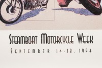 A framed and glazed event poster for the 1994 Steamboat Motorcycle Week, features a Vincent to artwork, measures 61.5cm high, 46.5cm wide - 2