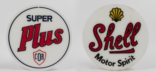SHELL/COR: Two reproduction perspex petrol pump globe signs, 38cm diameter