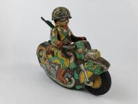 MILITARY: COMET military bike by Usagiya Japan c1950s with shoulder rifle, a hard toy to find.
