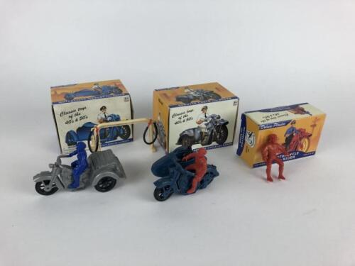 PLASTIC: Three repro classic bike toys, trike, sidecar combo & solo bike missing, made in China.