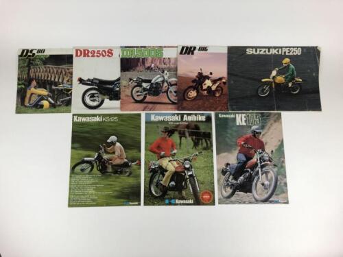 SUZUKI & KAWASAKI: Five original Suzuki DS80/DR250S/DR500S/DrBig/PE250 and three original Kawasaki 100/123/175 colour sales brochures