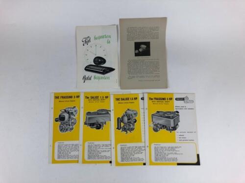 DUCATI: Four original Ducati Industrial small brochures and a microphone brochure with Information sheet, including a variation with vertical shaft of the Frassino 3HP and the salice 1.5HP.