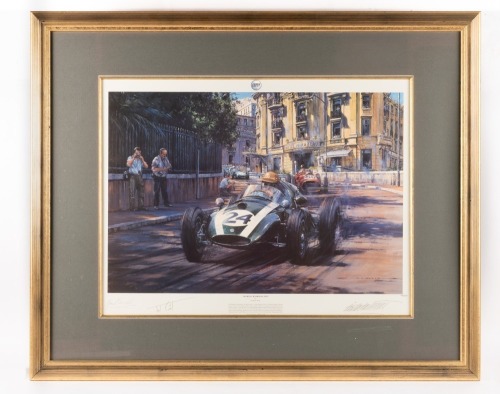 JACK BRABHAM: A limited edition print by Nicholas Watts titled "World Champions 1959", featuring the Cooper-Climax of Jack Brabham, numbered 178 of 500, framed and glazed 82cm high, 100cm wide.
