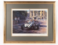 JACK BRABHAM: A limited edition print by Nicholas Watts titled "World Champions 1959", featuring the Cooper-Climax of Jack Brabham, numbered 178 of 500, framed and glazed 82cm high, 100cm wide.