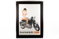 An original Chiko Roll 'You can't knock the Roll - Chiko' poster, featuring a lady on a Vincent motorcycle, framed and glazed, measures 94.5cm high, 69cm wide