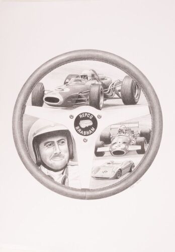 REPCO BRABHAM: A print after the original pencil sketch of Sir Jack and three Brabham cars inside steering wheel by artist Eric irvine