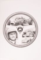 REPCO BRABHAM: A print after the original pencil sketch of Sir Jack and three Brabham cars inside steering wheel by artist Eric irvine