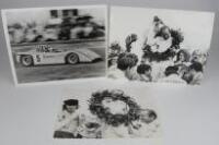 DENNY HULME: Three wonderful period photographs of Denny Hulme from the Gulf Can-Am series (signed Hulme)