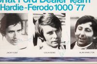 FORD: A rare original poster featuring the winning Moffat Ford Dealer Team at the 1977 Bathurst race, signed in pen by Moffat, Ickx, Bond & Hamilton, 40cm high, 47cm wide overall - 6