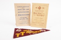 RACES: Two motorcycling programmes, including an original 1948 'Miniature Tourist Trophy Motor Cycle Races at Whinstanes', early reproduction of Australia's First Motor Cycle Grand Prix, Goulburn 1924 programme and small Bathurst 1958 T.T. pennant