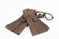 ACCESSORIES: A pair of early leather motorcycling gloves marked 'V409 Made in Australia 1943 Size 9' and a pair of early goggles