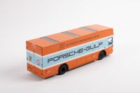 PORSCHE: A rare Schuco 1:43 scale Mercedes-Benz Porsche-Gulf 'Renntransporter' transporter model, new in original box - 3