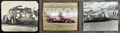 ALAN HAMILTON: Three same sized large photos of Alan Hamilton driving both his Porsche 934 & 911, includes one framed & glazed colour photo and two black & white photos on wooden block [Updated Photos]