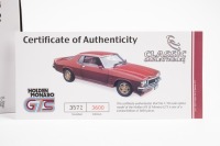 HOLDEN: A Classic Carlectables 1:18 scale Holden HX LE Monaro GTS in metallic crimson with gold stripes, limited edition, numbered 3572 of 3600 in original box - 2