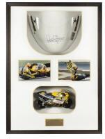 ROSSI: A large Valentino Rossi signed windshield from Honda NSR 500, mounted with 1:12 scale model of the motorcycle (frame 121.5cm x 88cm wide x 17cm deep) Note extra photos