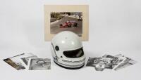 RACE WORN HELMET: A white race-worn helmet as worn by Neil Crang with both RAC and ACO stickers. With Neil Crang period photographs