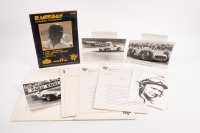 FANGIO: An original press kit for the 1978 Australian appearance of Juan Manuel Fangio racing at Sandown, including official souvenir program, press release documents, photographs, and the 'Welcome to Melbourne' Banquet menu