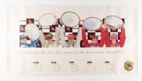 AGP: A high quality poster 'Celebrating the first five years of Australian Grand Prix' AGP Formula One Melbourne 2000, featuring the winners over the first five years, 47.5cm high, 90cm wide