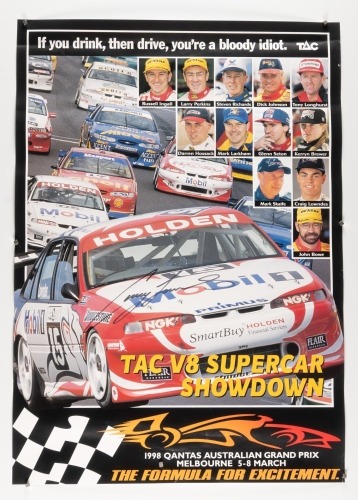188 · SUPERCARS: A 1998 Qantas Australian Grand Prix poster for the 'TAC V8 Supercar Showdown' signed by Craig Lowndes, 59cm high, 42cm wide