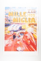 MILLE MIGLIA: A Coys of Kensington '1955 Mille Miglia&nbsp;XXII' poster featuring the 300 SLR of Stirling Moss with artwork by Dexter Brown, 94cm high, 65.5cm wide