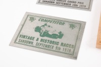PLAQUES: Two 'Competitor' plaques from Sandown, including Golden Jubilee Grand Prix 1978, Vintage & Historic Races 1979, along with Light Car Club of Australia centenary commemorative keepsake - 2