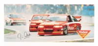 GIBSON MOTOR SPORT: A rare circa 1992 thick card 'Winfield Racing' point of sale cigarette advertising board featuring the Gibson Motorsport Winfield VP Commodore's, hand signed by Jim Richards in black marker, 29.5cm high, 69cm wide.
