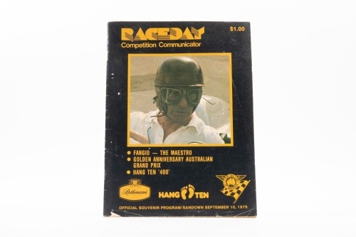 1978 HANG TEN 400: An official Program from the 1978 Hang Ten 400 of 10 September 1978 held at Sandown, program has autographs of Juan Manuel Fangio, Sir Jack Brabham and then Prime Minister, Malcolm Fraser