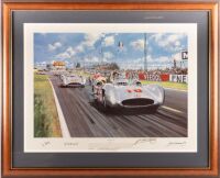 NICHOLAS WATTS: A framed and glazed high-quality limited edition (465/500) print by Nicholas Watts titled 'SUMMER OF 54' depicting the return of Mercedes-Benz to Grand Prix racing at the 1954 French Grand Prix in Reims, signed by Fangio, Kling, Hermann, a