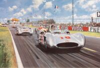 NICHOLAS WATTS: A framed and glazed high-quality limited edition (465/500) print by Nicholas Watts titled 'SUMMER OF 54' depicting the return of Mercedes-Benz to Grand Prix racing at the 1954 French Grand Prix in Reims, signed by Fangio, Kling, Hermann, a - 2