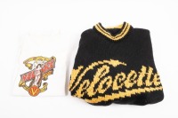 VELOCETTE: Two items of Velocette themed clothing, including a vintage T-shirt 'Size 16' and a knitted Velocette script logo jumper