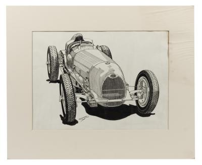 BUGATTI: An original ink drawing of a 1938 ERA Bugatti 3-Litre by R.Shepherd