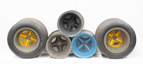 Five circa 1970s Brabham rear racing wheels of varying sizes