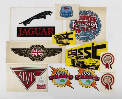 STICKERS: An assortment of stickers. Including Alvis, Jaguar, Morris, Standard Coventry
