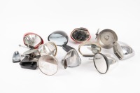 SIDE MIRRORS: A tub of assorted racing car side mirrors, includes a few heavy metal torpedo mirrors and some Sebring mirrors