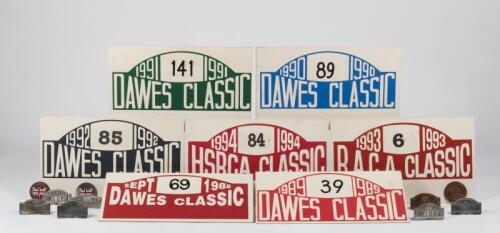 BADGES/CARDBOARD PLACARDS: A collection of cardboards placards and badges for racing meets. 'DAWES' and 'HSRCA' badges and placards