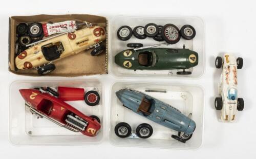 PLASTIC RACING CARS: A group of five plastic racing cars and one plastic slot car. Triang Scalextric OFFENHAUSER white slot car