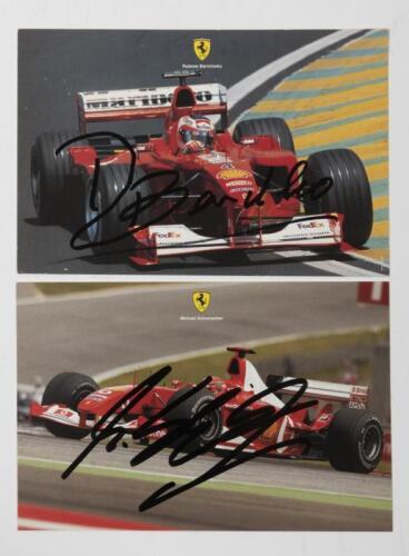FERRARI: Two Ferrari Works cards signed in black pen by Rubens Barrichello and Michael Schumacher